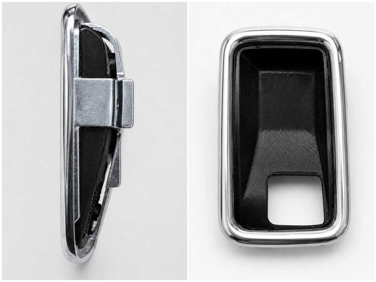 Original chrome car door handle beside its 3D-printed replacement
