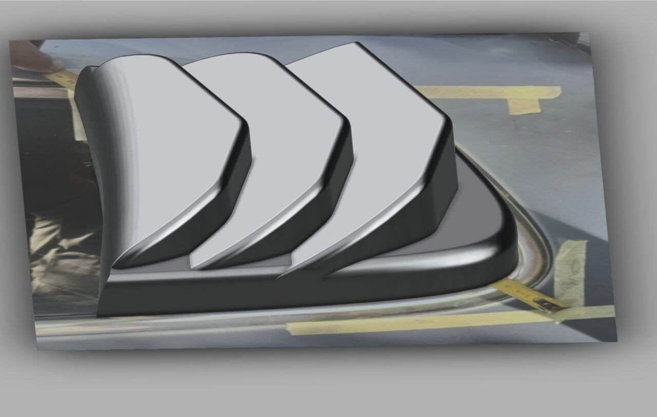 3D render of hood components overlaid on a car photo with measuring tape visible