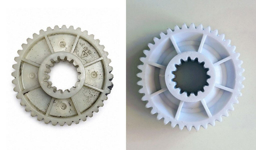 Worn original gear beside the newly reproduced replacement gear