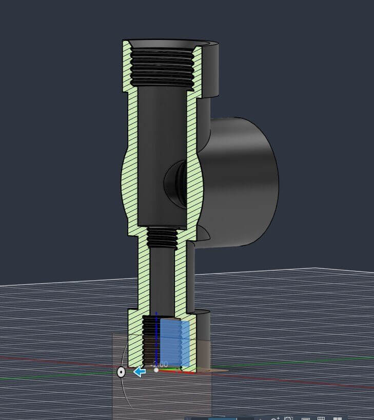 CAD section view of a threaded hinged fitting prepared for 3D printing