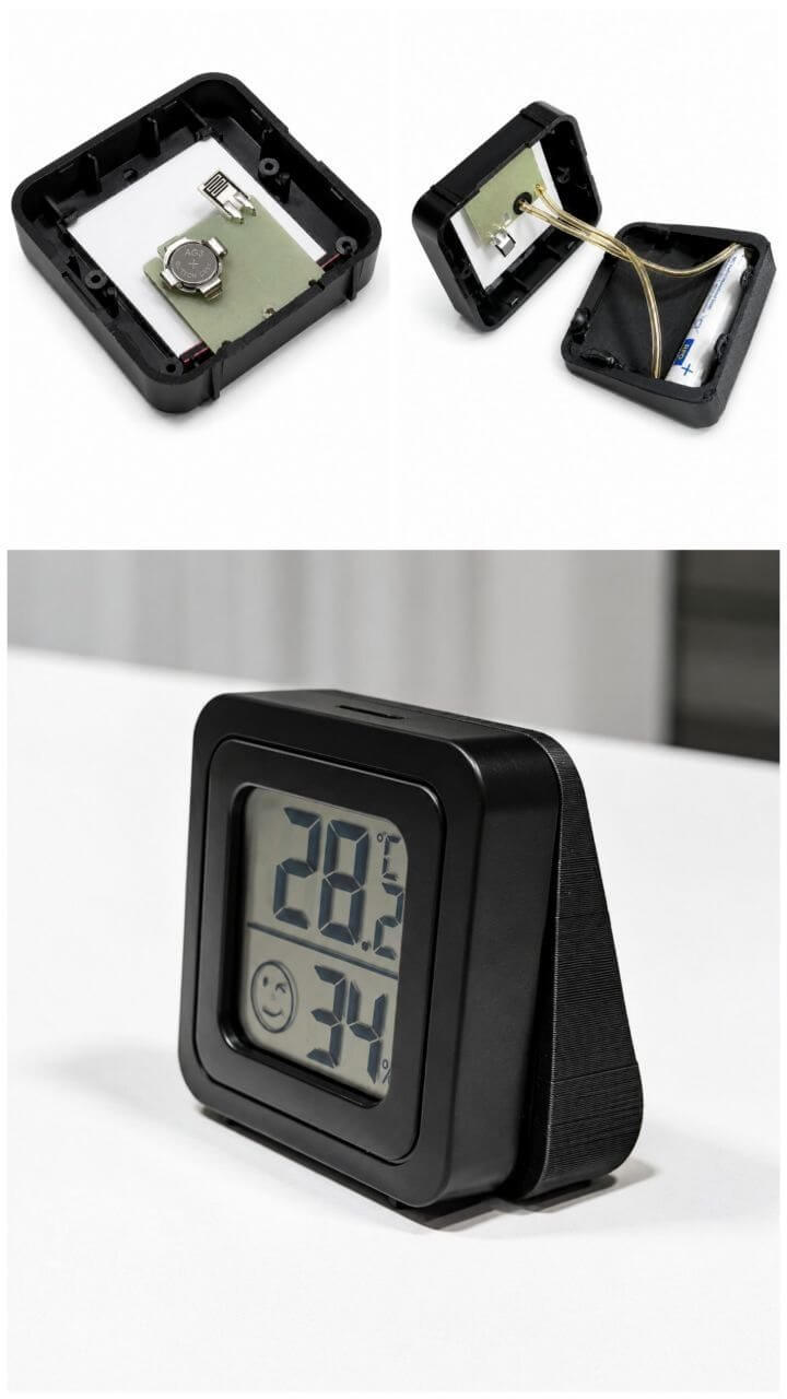 Black thermometer enclosure with the electronic circuit board visible inside