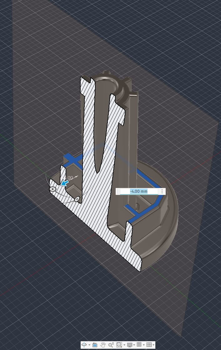 CAD section view of a component showing a minus 4 millimeter dimension