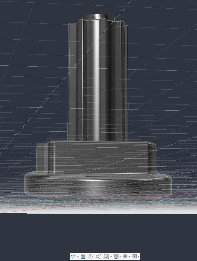 CAD rendering of a knurled knob mounted on a shaft