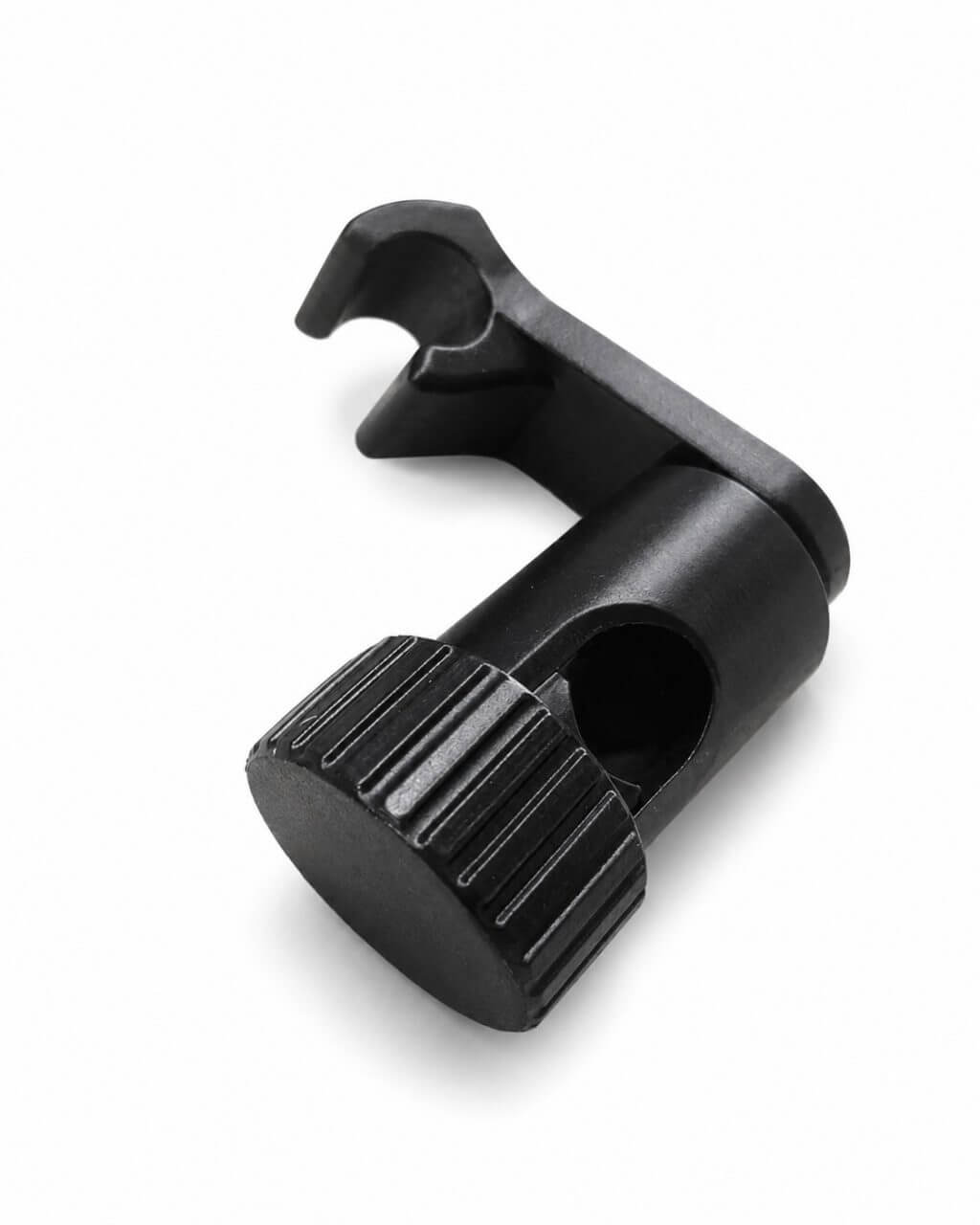 Black mounting component with a hook and knurled adjustment knob
