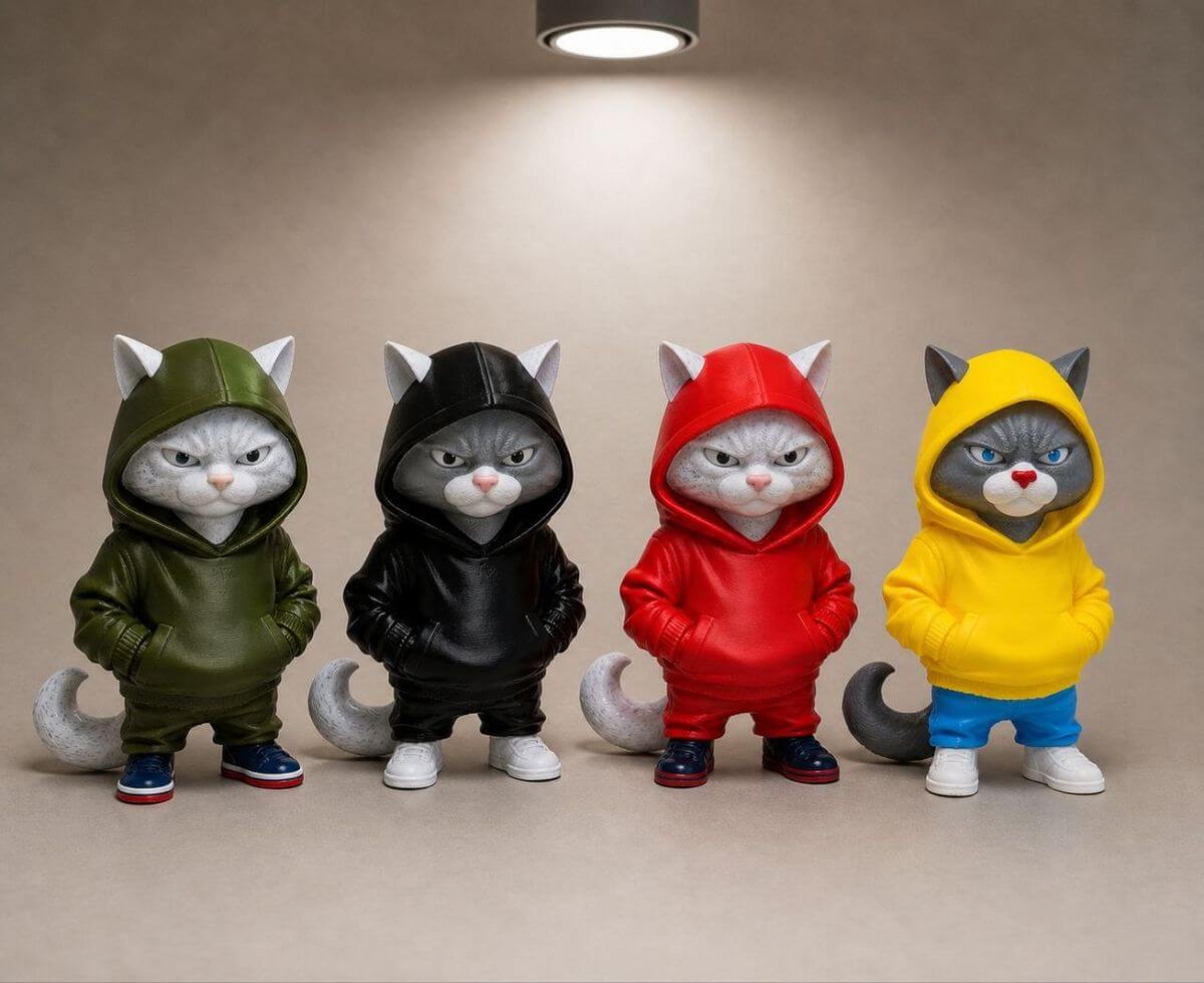 Four mascot figures wearing hoodies in different colors
