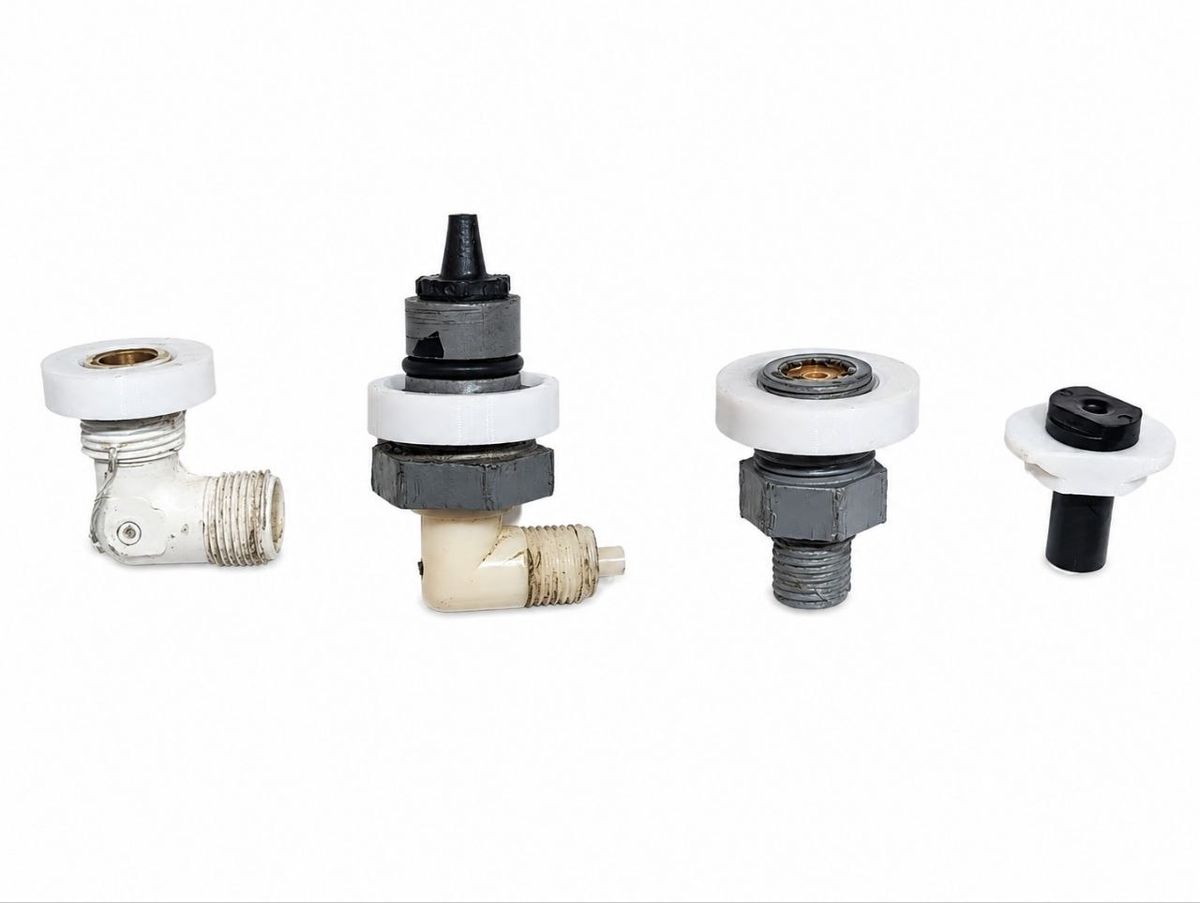 Four 3D-printed threaded fittings and adapters for technical installations