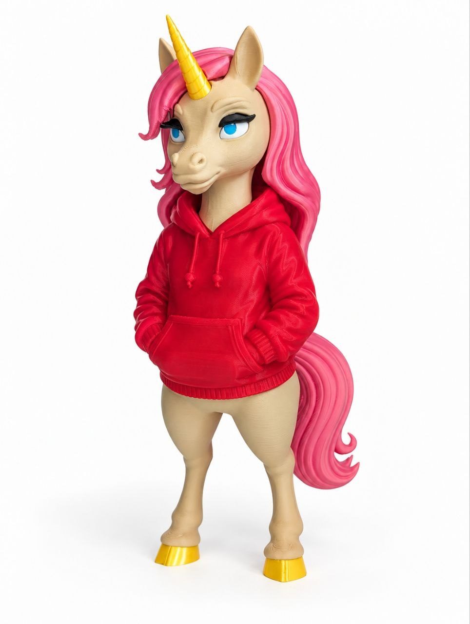Full-body unicorn figure wearing a red hoodie