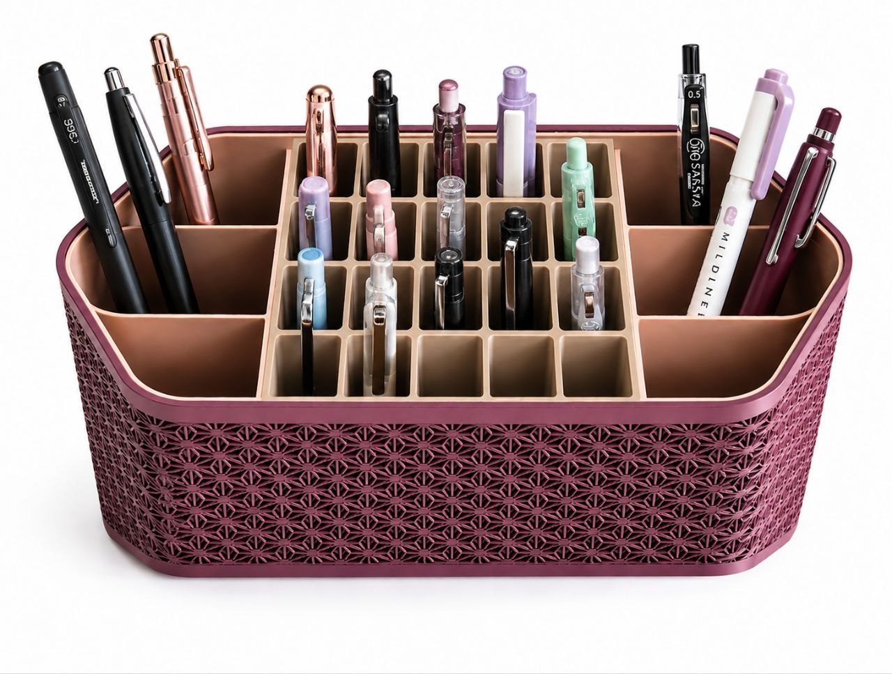 Desk organizer for pens with a geometric exterior pattern