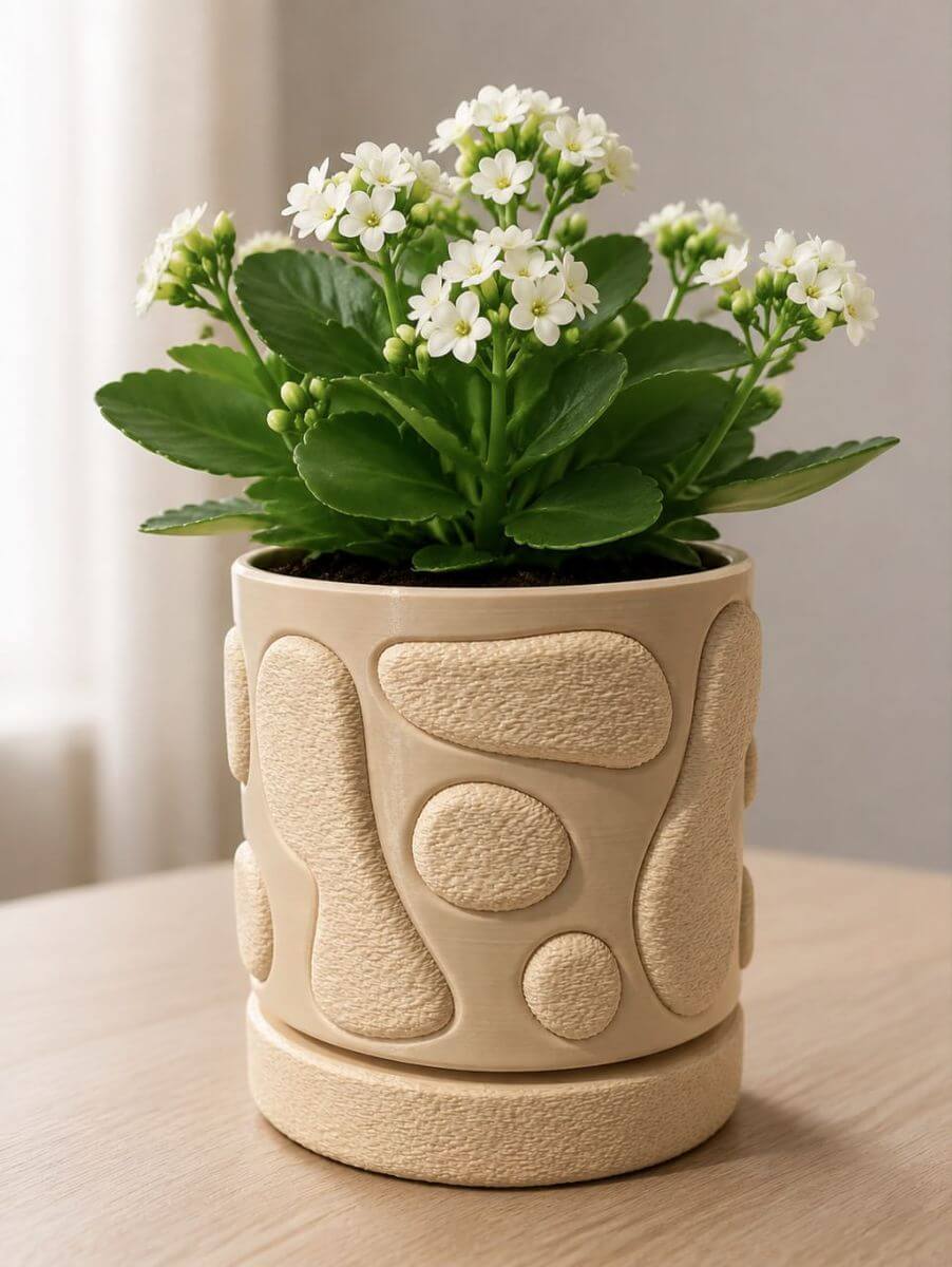 Beige textured planter with a small plant
