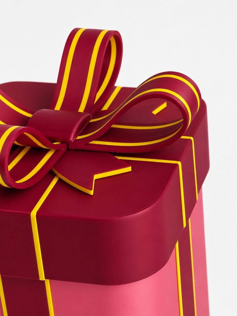 3D-printed red gift box with a gold bow