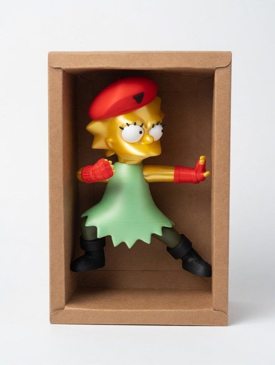 Printed figure inside a cardboard presentation box with a transparent window
