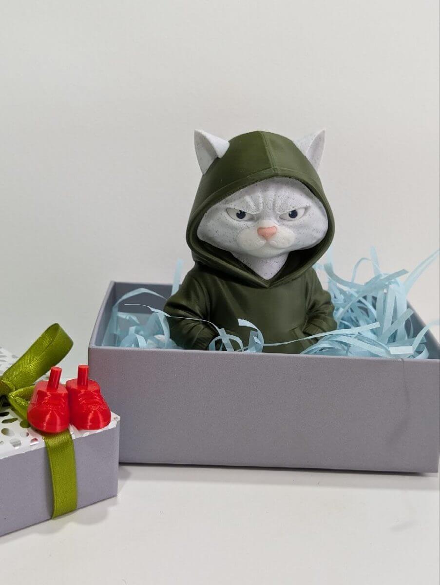Cat figure packed in a gift box with decorative paper