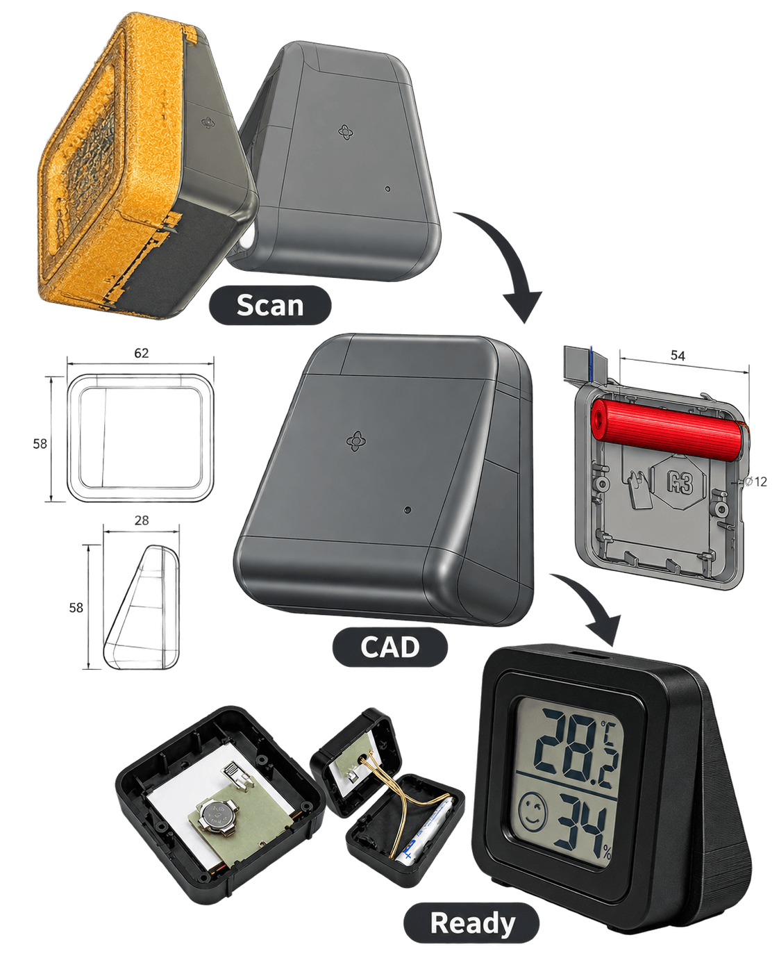 Thermometer hygrometer housing from scan to CAD model and finished enclosure