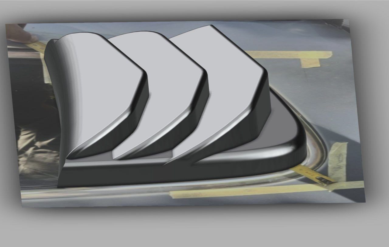 3D render of hood components overlaid on a car photo with measuring tape visible