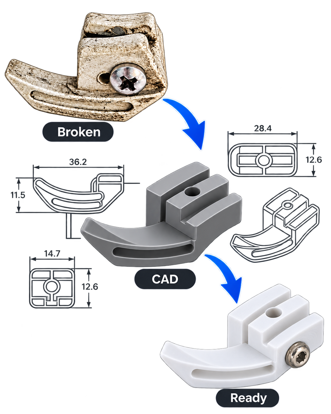 Broken mechanical part recreated as a 3D model and printed replacement