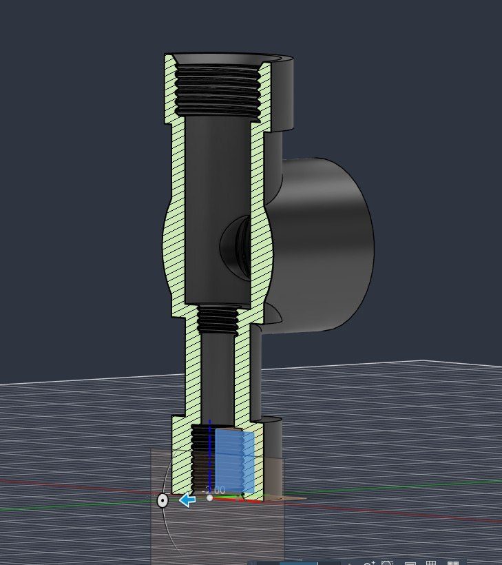 CAD section view of a threaded hinged fitting prepared for 3D printing