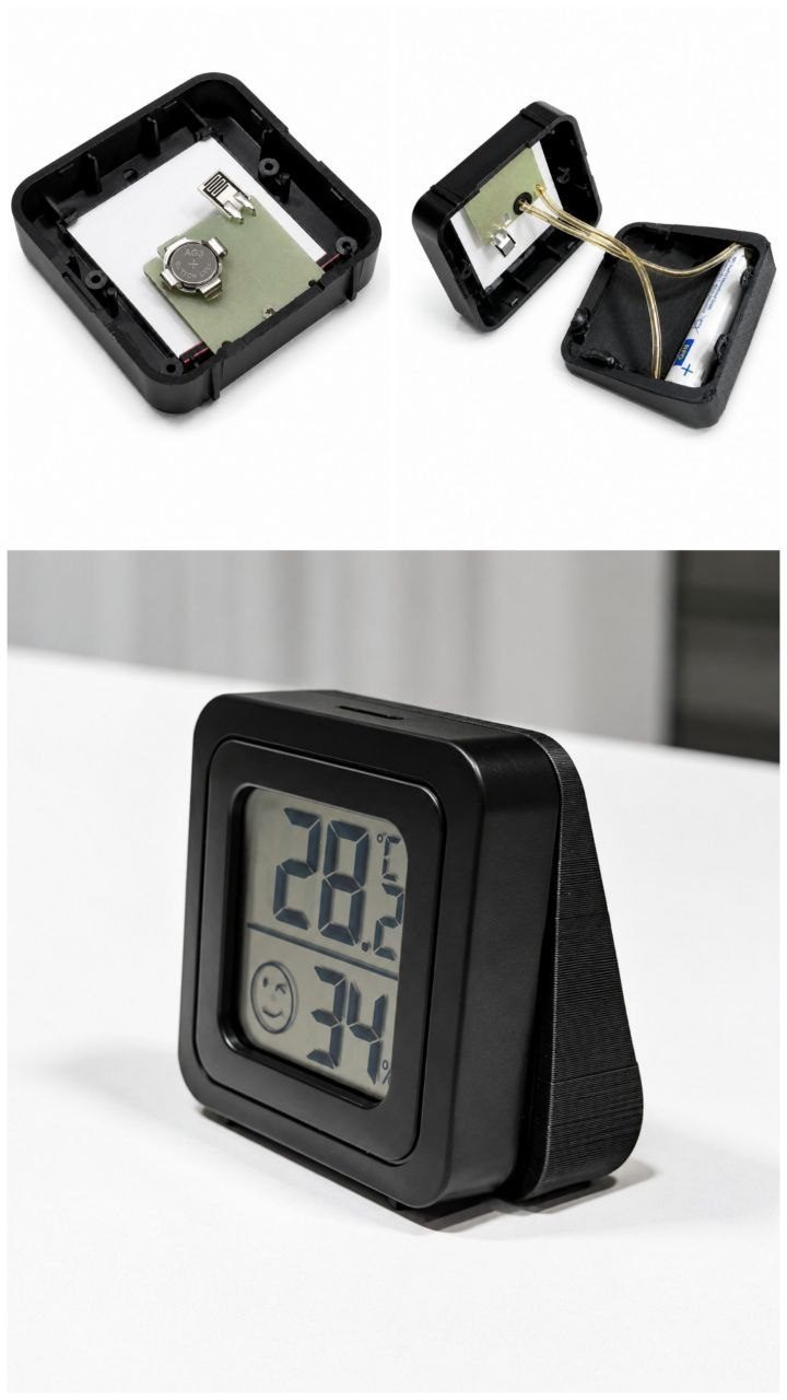 Black thermometer enclosure with the electronic circuit board visible inside