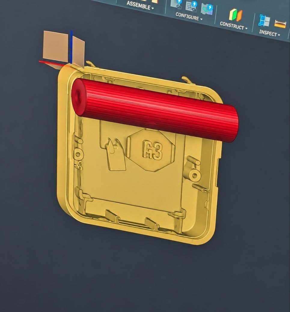 Golden CAD rendering of an injection mold with the red core highlighted