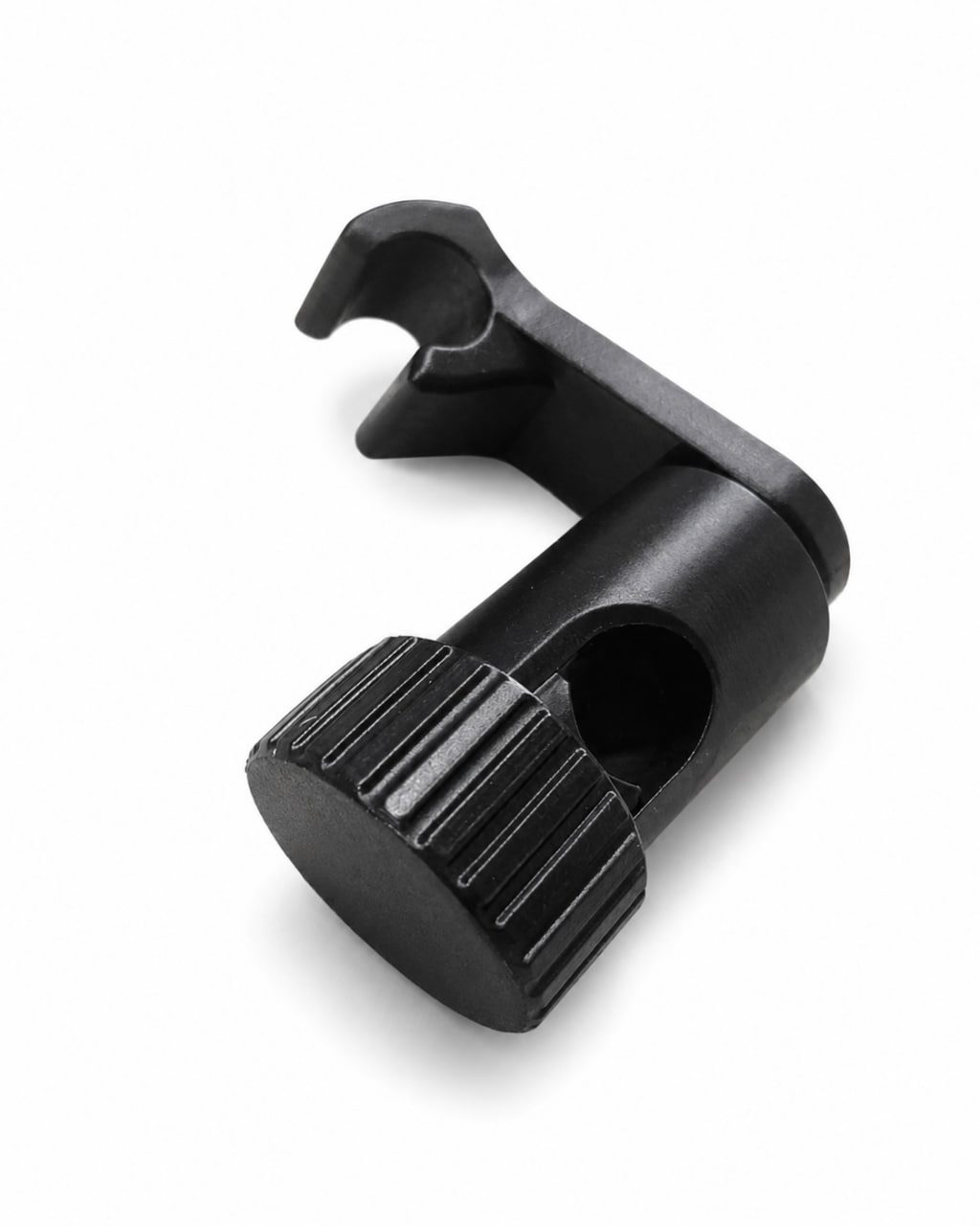 Black mounting component with a hook and knurled adjustment knob