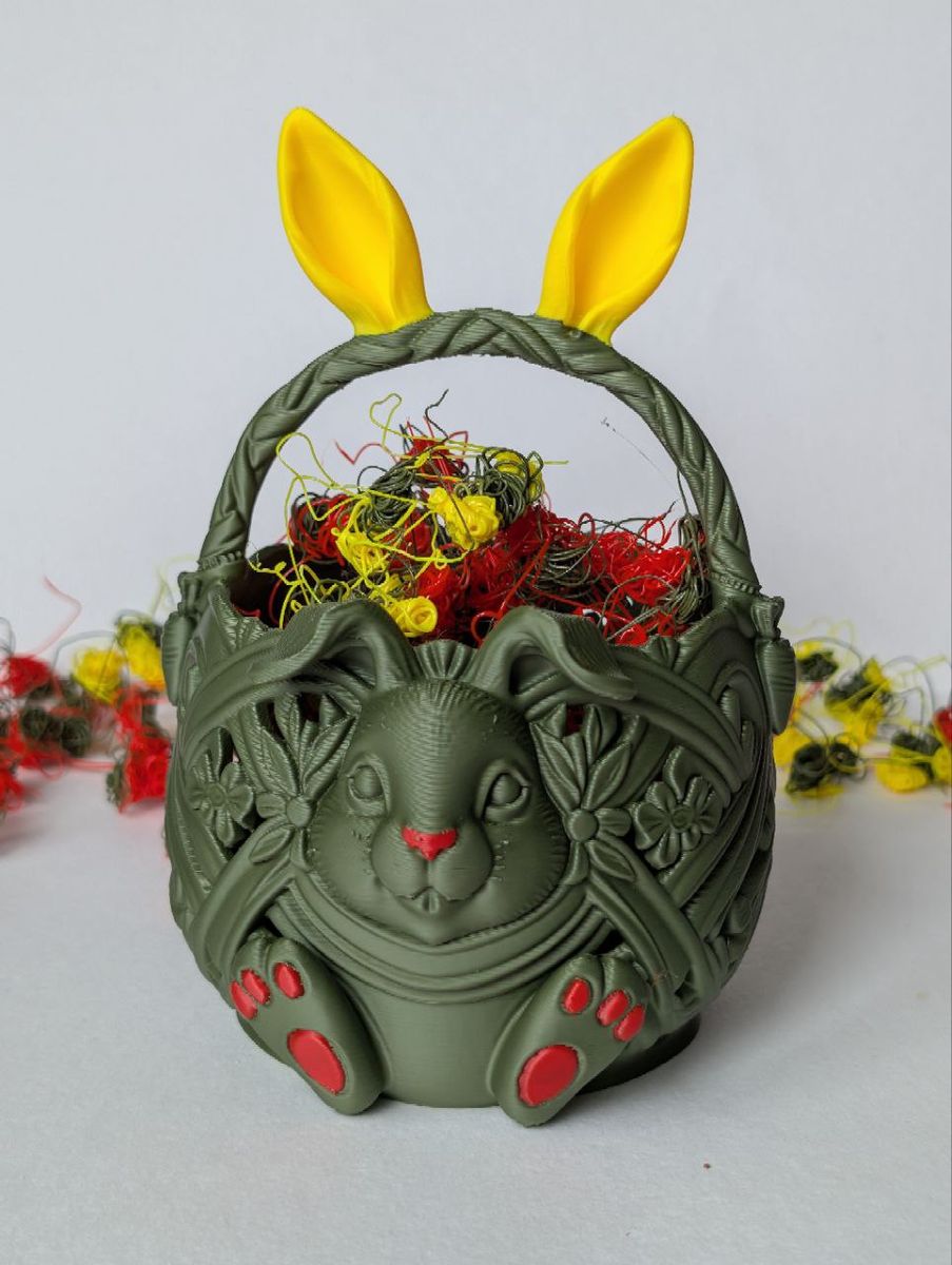 3D-printed rabbit-shaped decorative basket with the ears forming a handle