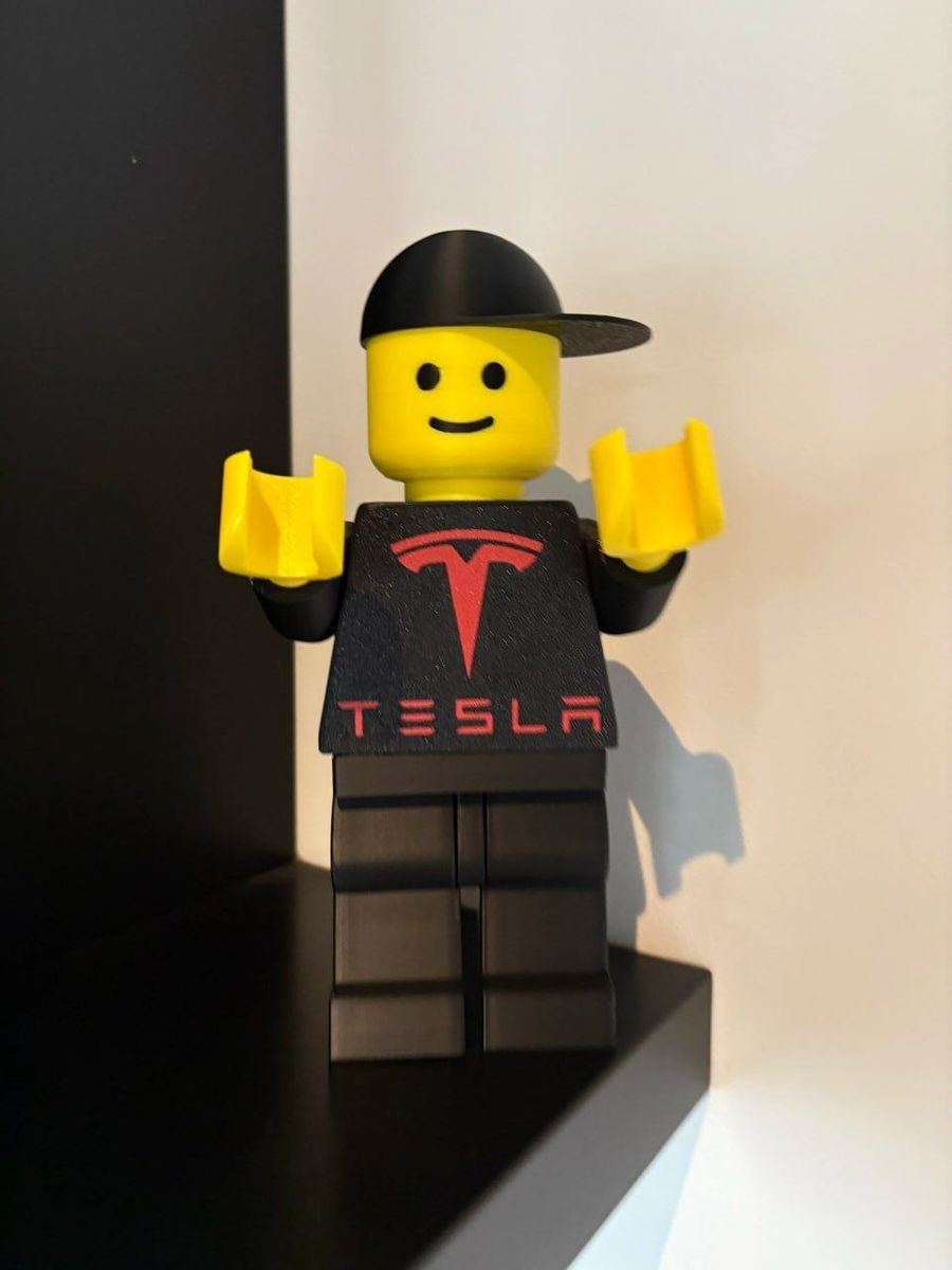 Personalized mini figure wearing a shirt with an automotive logo