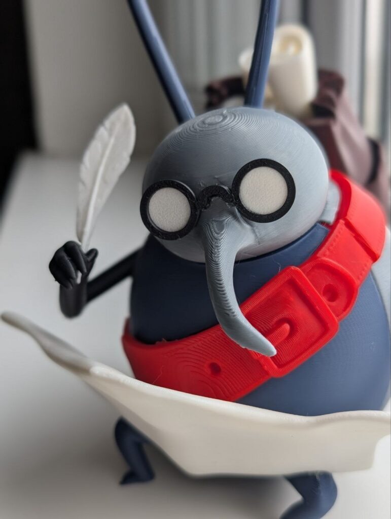 Original insect character figure with glasses, a feather, and an accounting ledger