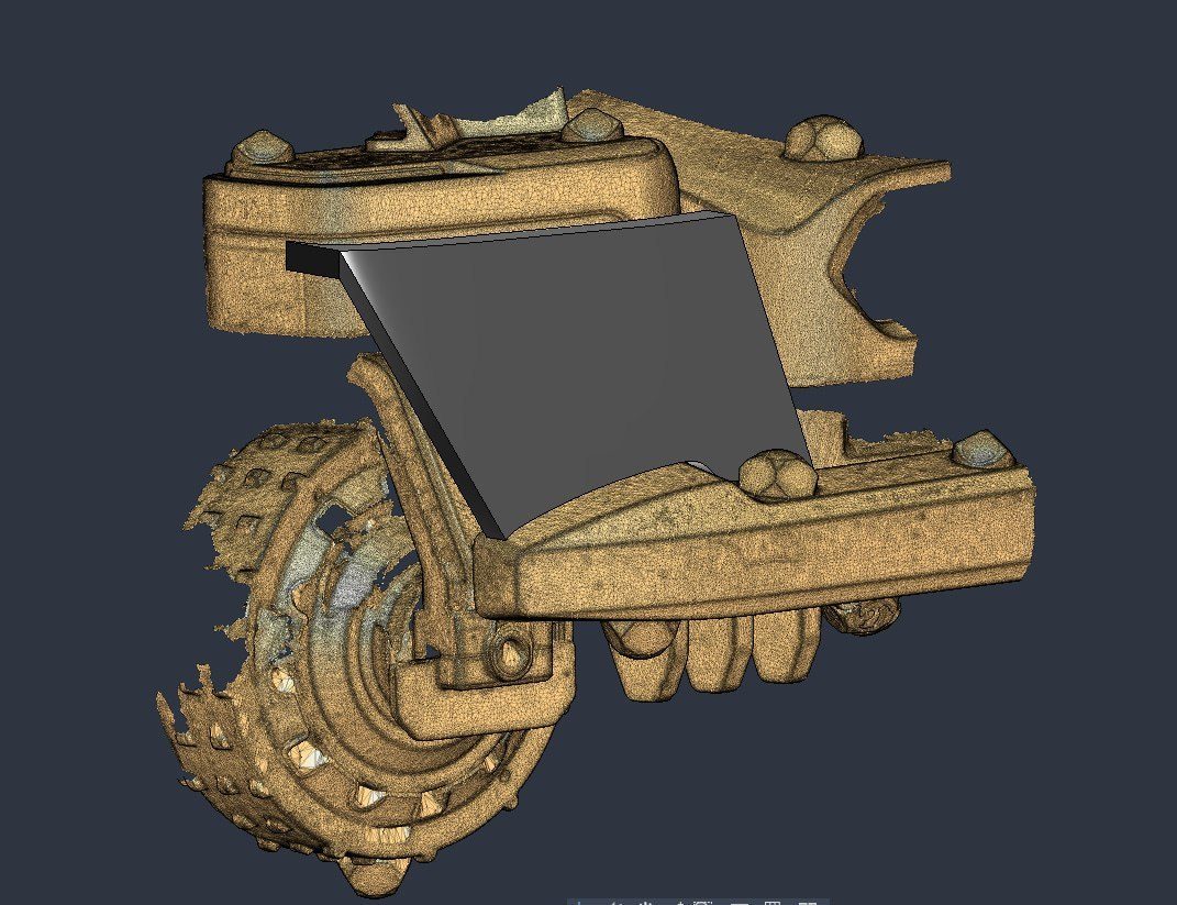 Golden 3D scan of a geared mechanism displayed in CAD software
