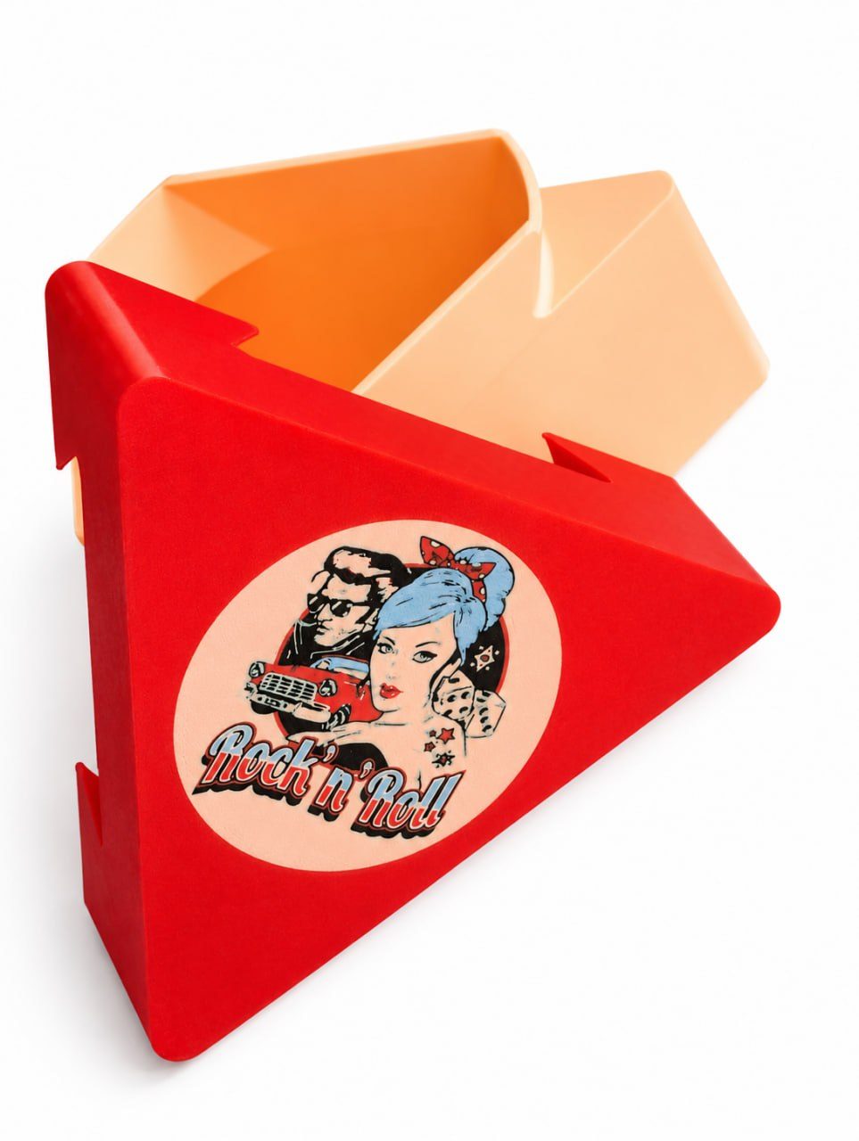3D-printed triangular box with a retro Rock'n'Roll graphic