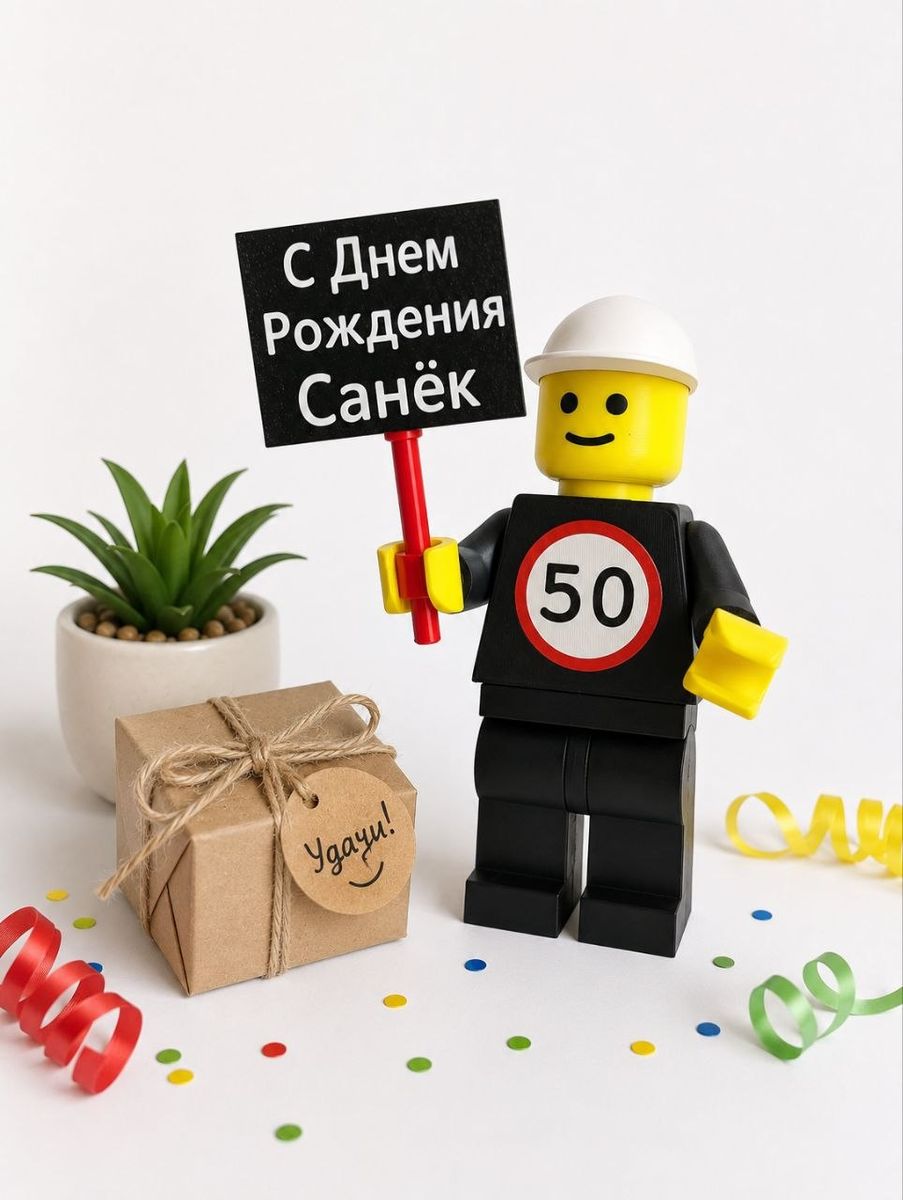 Personalized birthday mini figure with a custom sign and wrapped gift
