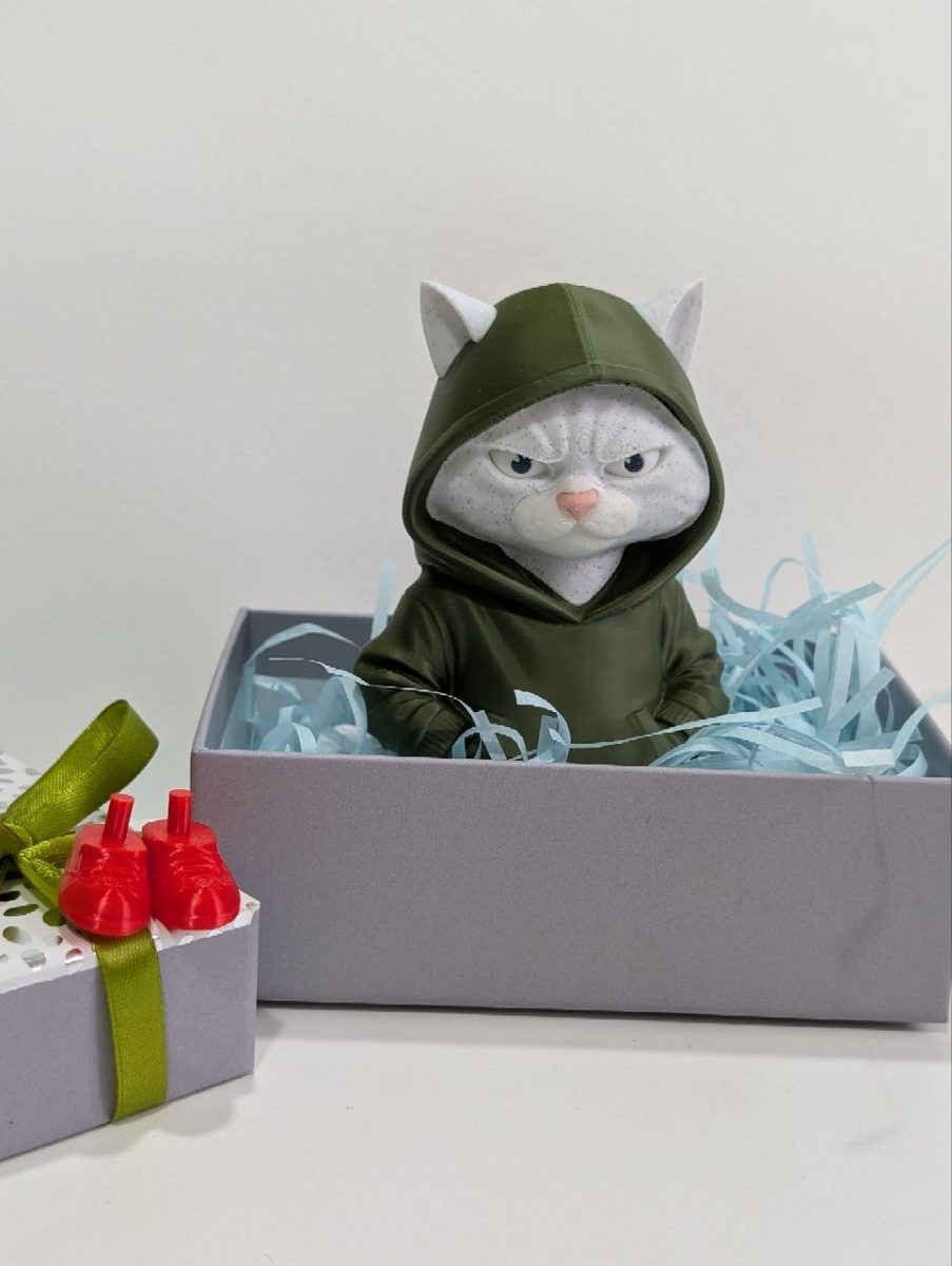 Cat figure packed in a gift box with decorative paper
