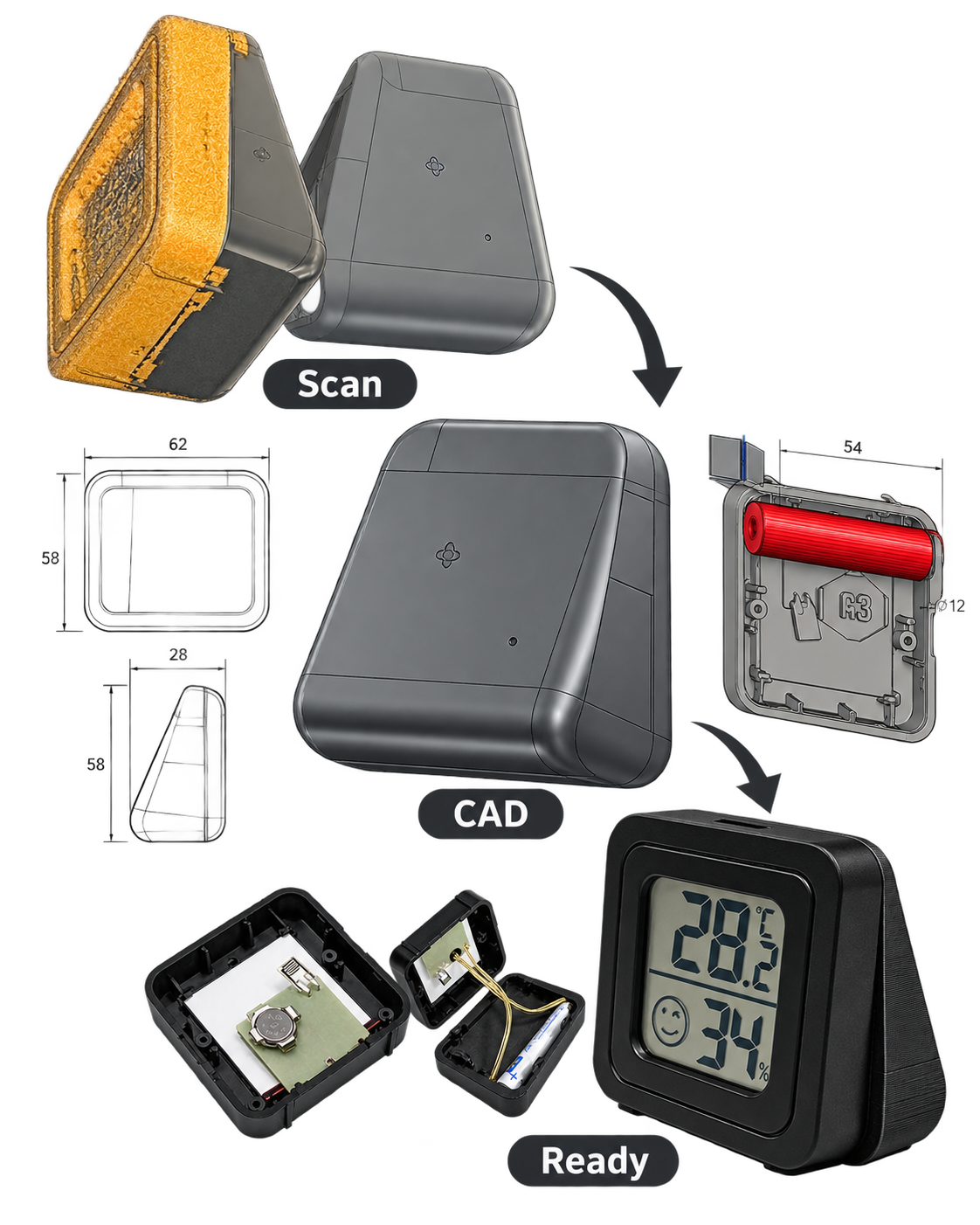 Thermometer hygrometer housing from scan to CAD model and finished enclosure